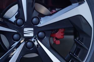 Close up of a SEAT wheel with red brake callipers