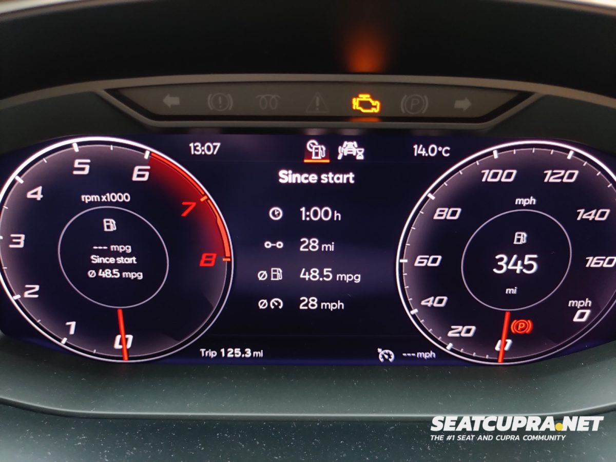 A close up of the digital dash showing the distance travelled and MPG